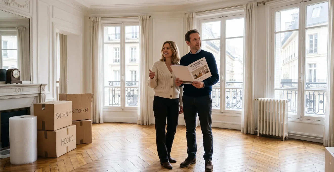 Un couple visite le salon lumineux d'un appartement avec un dossier de vente en main.