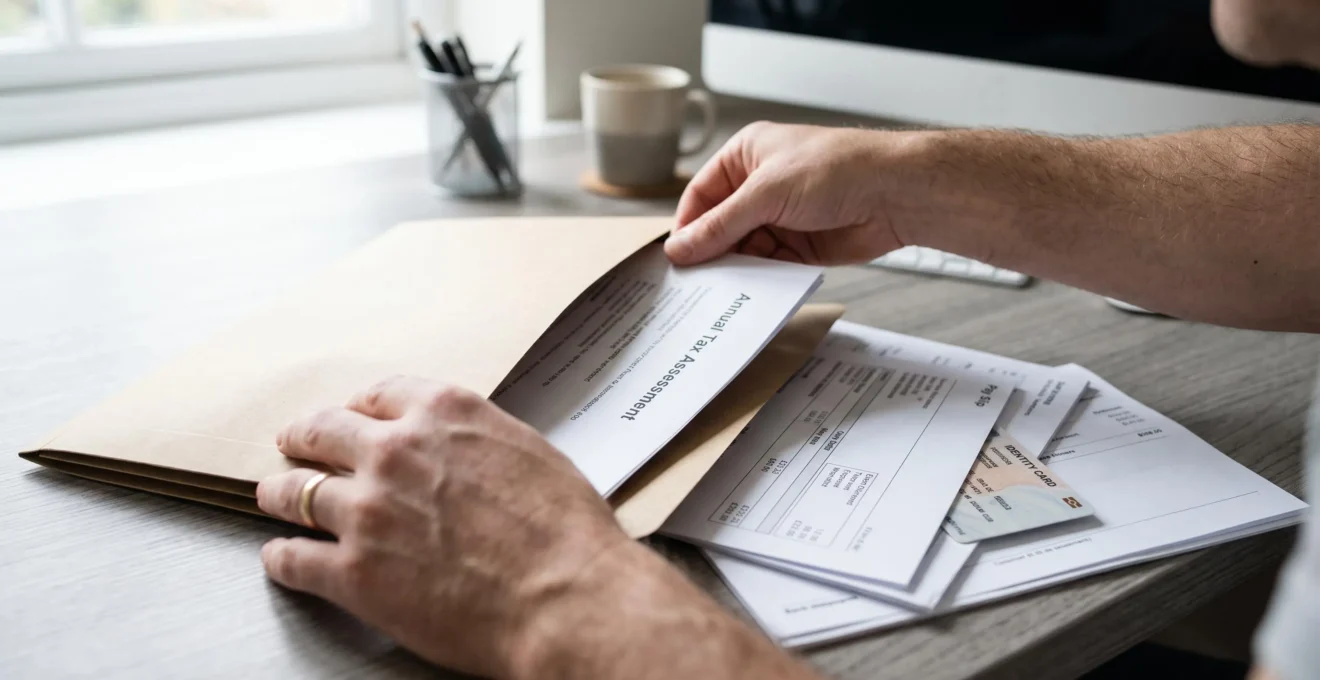 Des mains rangent des bulletins de salaire et relevés bancaires dans un dossier cartonné sur un bureau.