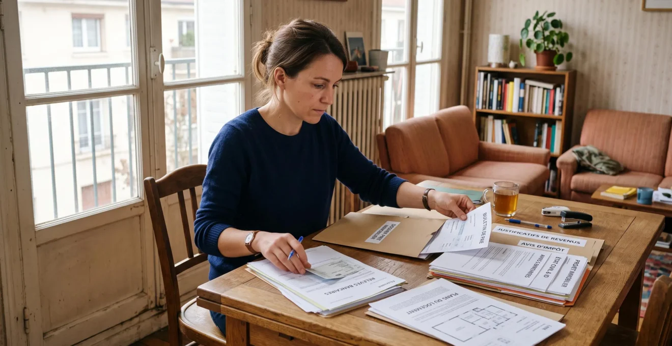 Une personne organise à table les justificatifs de son dossier de prêt immobilier dans un appartement lumineux.