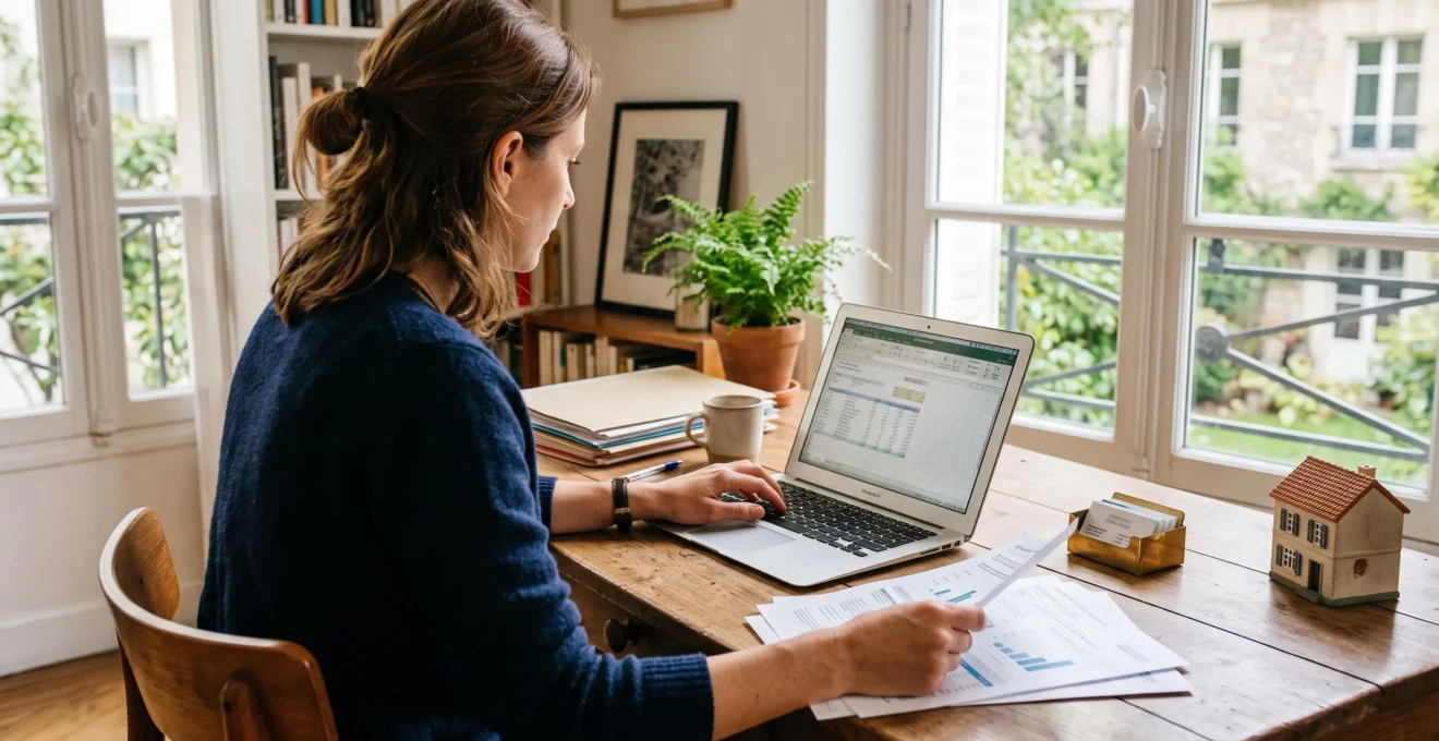 Une femme compare des documents et simule un financement sur un ordinateur portable.