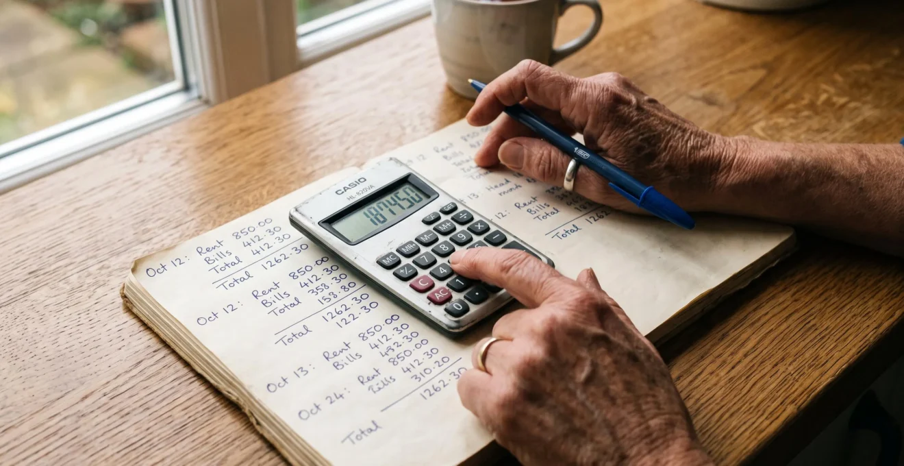 Des mains utilisent une calculatrice sur un carnet de calculs posé sur une table.