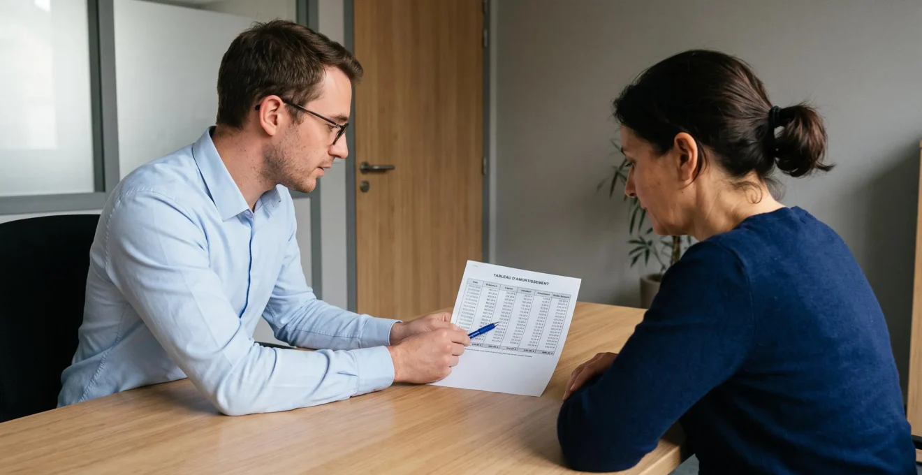 Un conseiller bancaire montre un chiffre sur un tableau d'amortissement à un client lors d'un rendez-vous en agence.